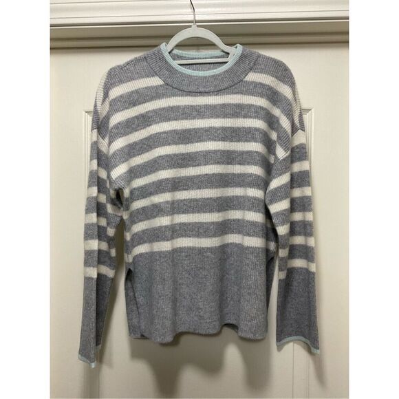 Design 365 Pure Cashmere Striped Mock Turtleneck Sweater in Grey/White with Aqua - Picture 1 of 4